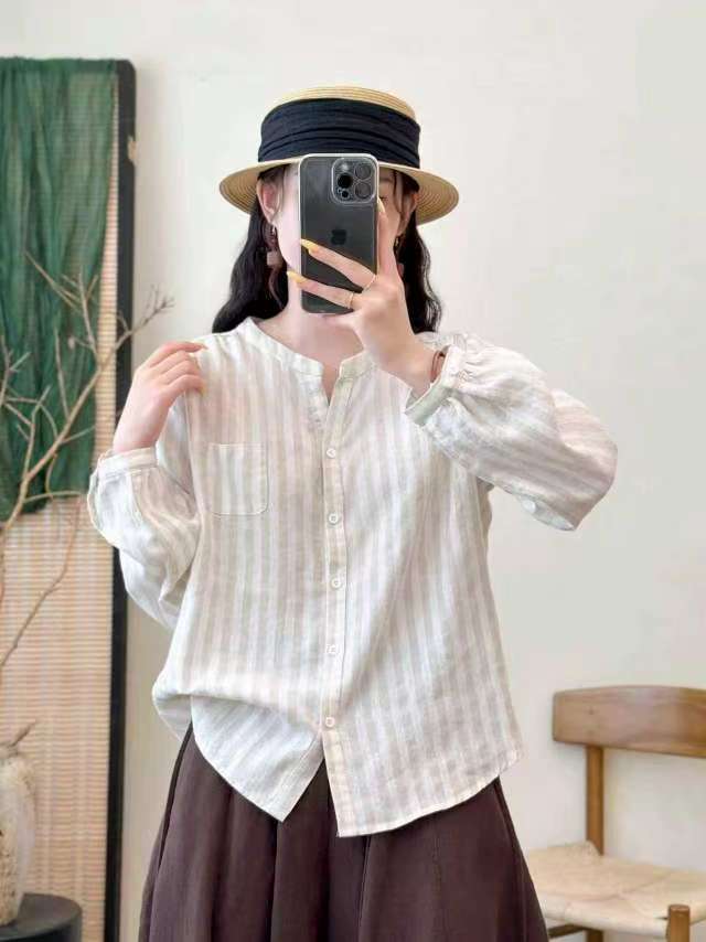 秋季新款100纯亚麻条纹衬衫高端大气百搭女士衬衫