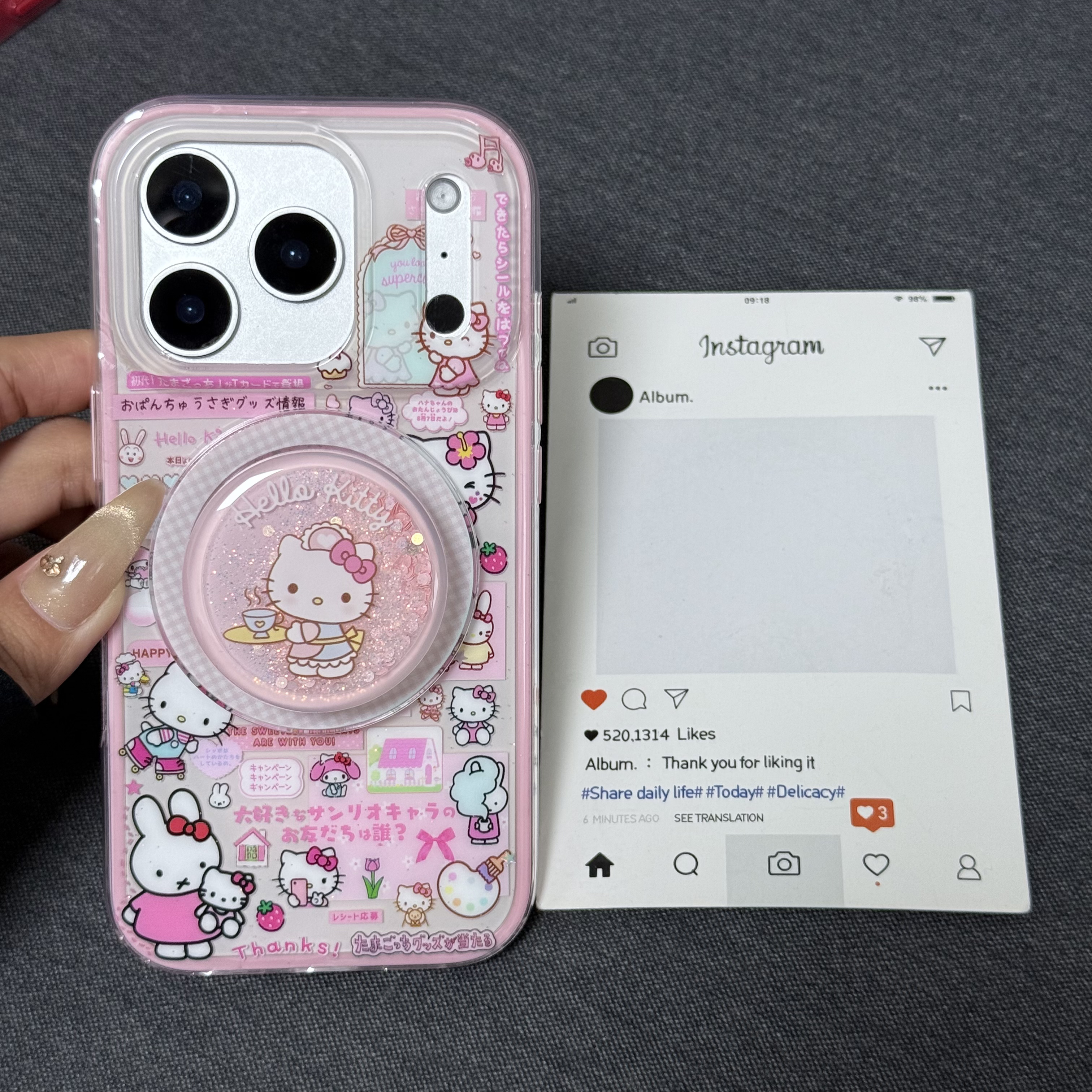 喵六家粉色二合一古早 kitty 米菲二流沙磁吸支架适用苹果手机