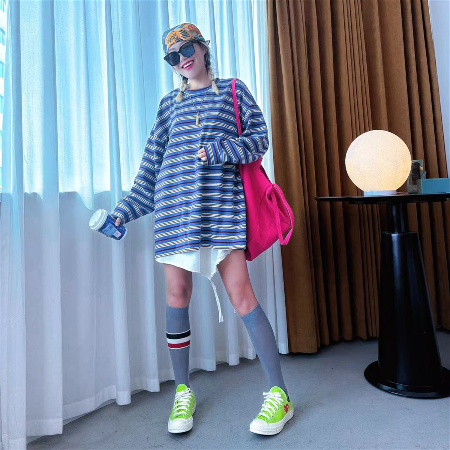 韩版时尚大码秋季条纹打底衫中长款宽松慵懒风长袖百搭显瘦上衣女