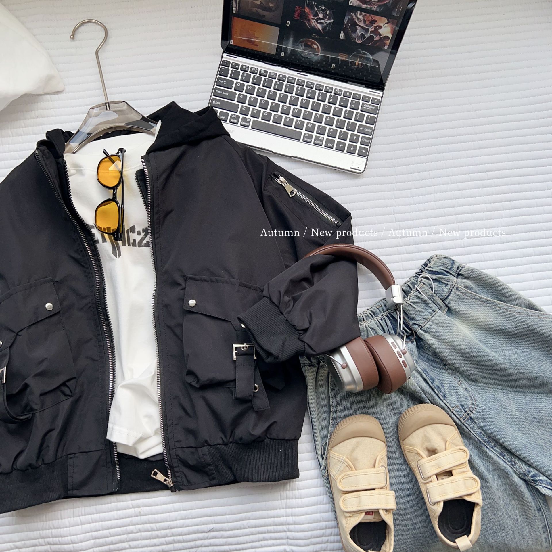 童装外套春秋季拉链风衣冲锋衣中大童户外假两件连帽风衣时尚