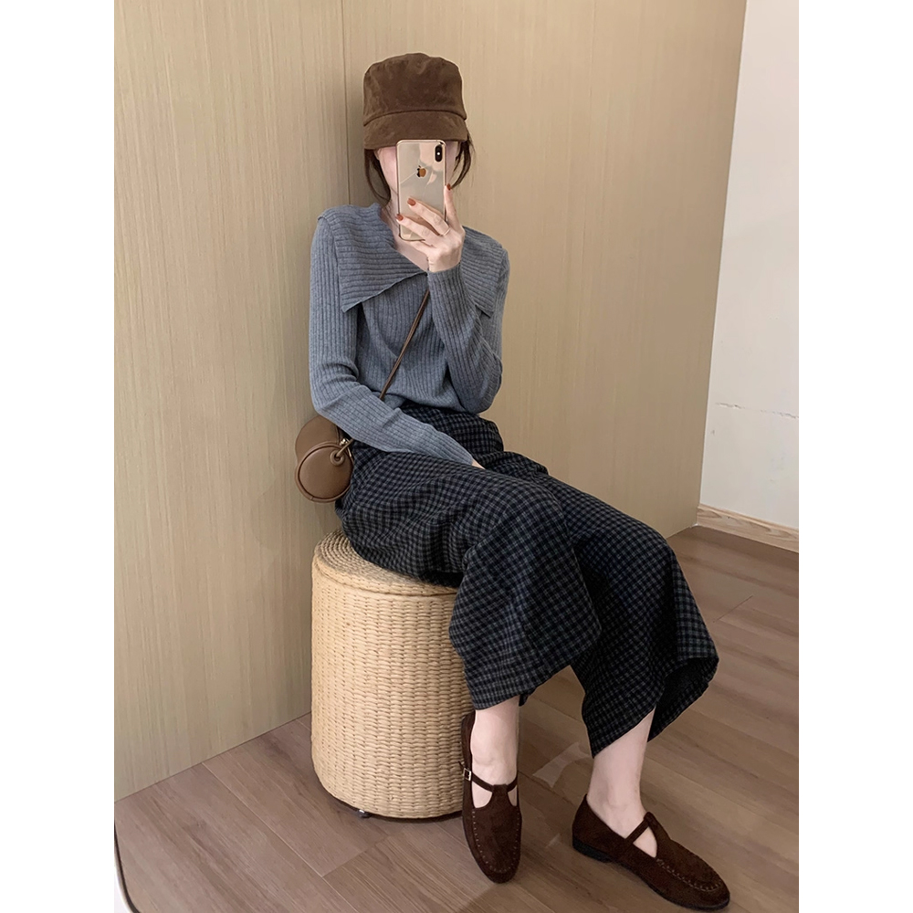 甜美气质针织上衣2025秋季新款翻领减龄百搭长袖小衫格子裤子套装