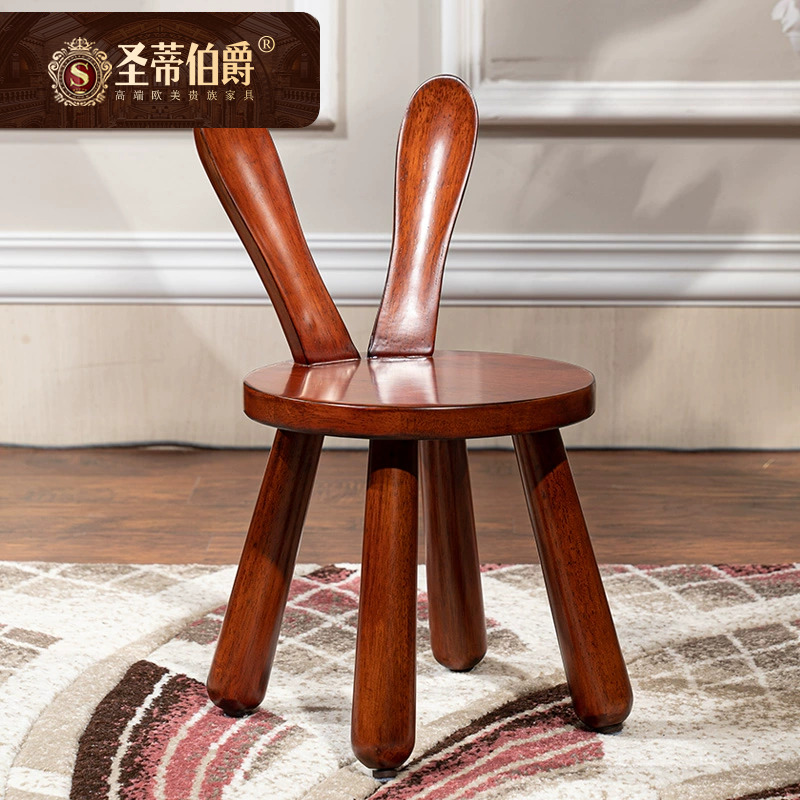 圣蒂伯爵美式儿童实木板凳家用客厅小矮凳换鞋凳小兔子耳朵圆凳