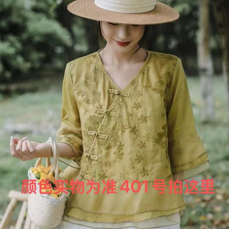 401拍这里]复古国风刺绣印花苎麻小衫女2025夏季新款五分袖中式茶