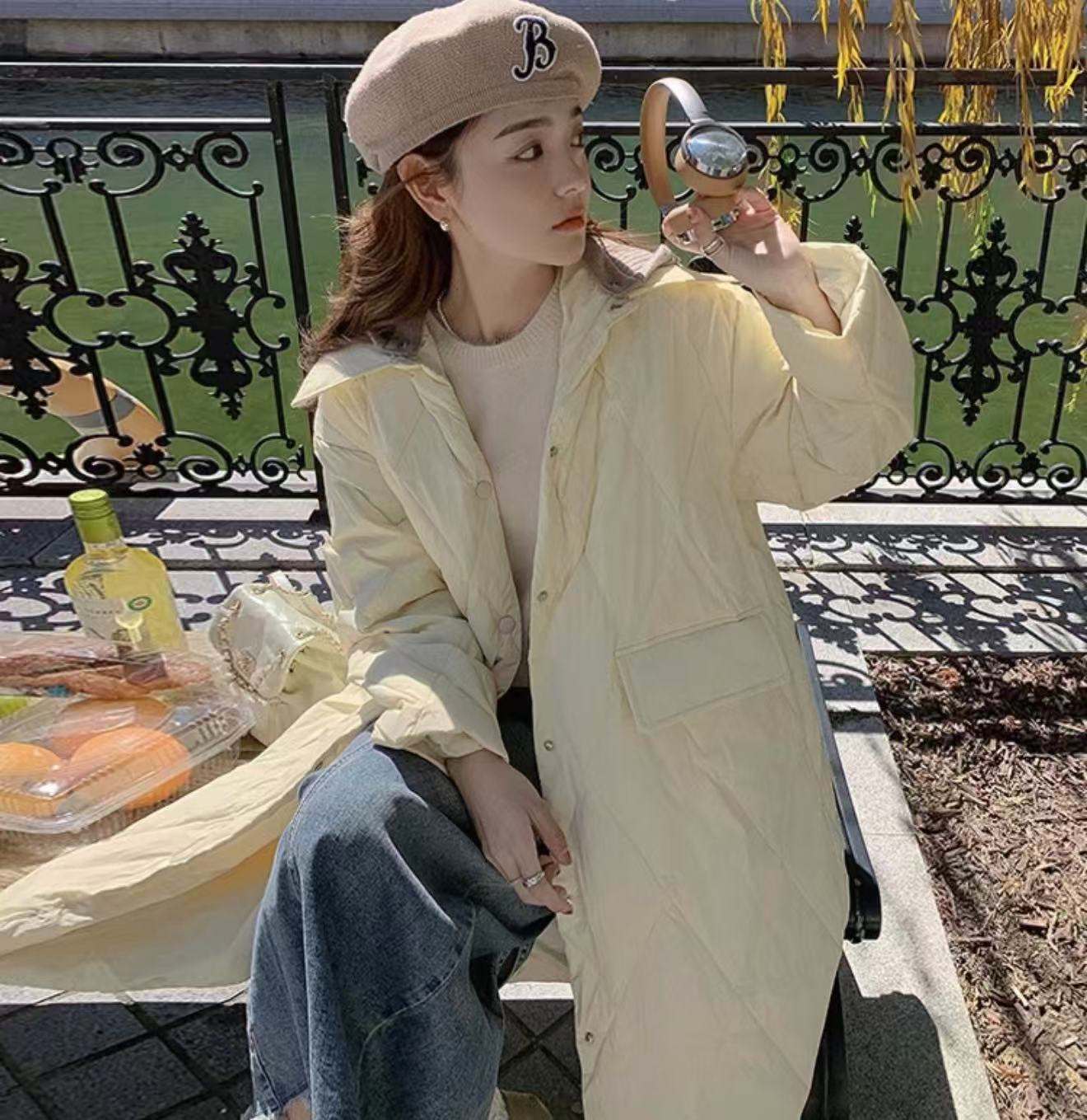 奶fufu连帽菱格中长款棉服女冬季宽松显瘦气质棉服外套