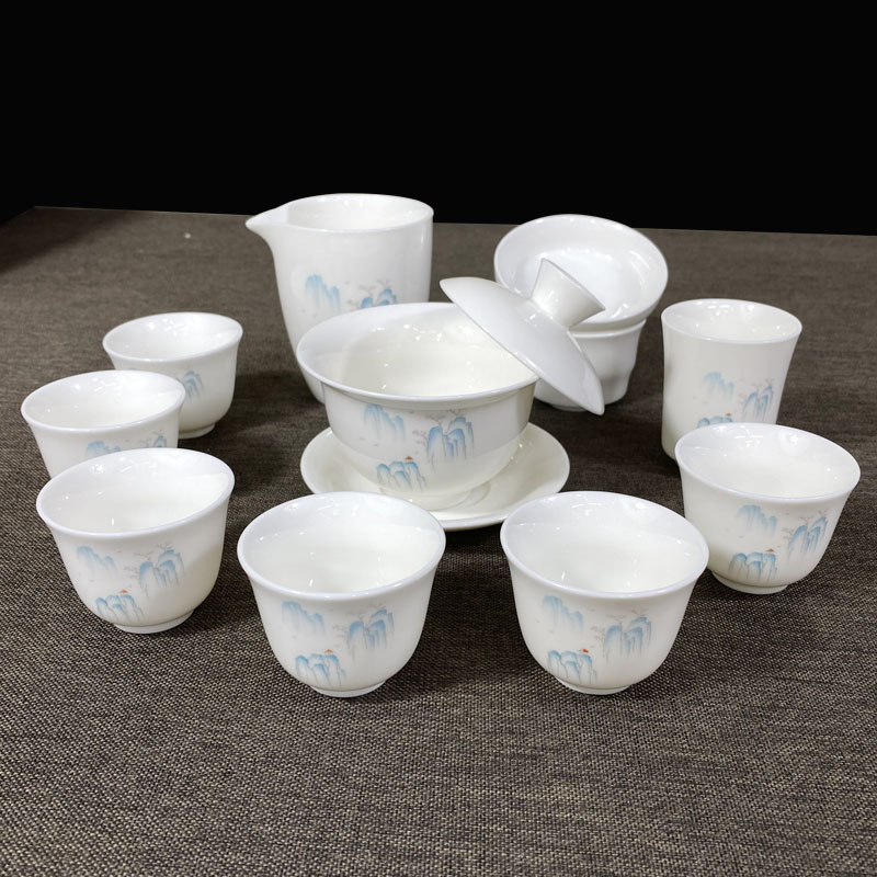 蓝山水羊脂玉白瓷悬停盖碗套装家用功夫茶具高档茶杯公杯主人杯