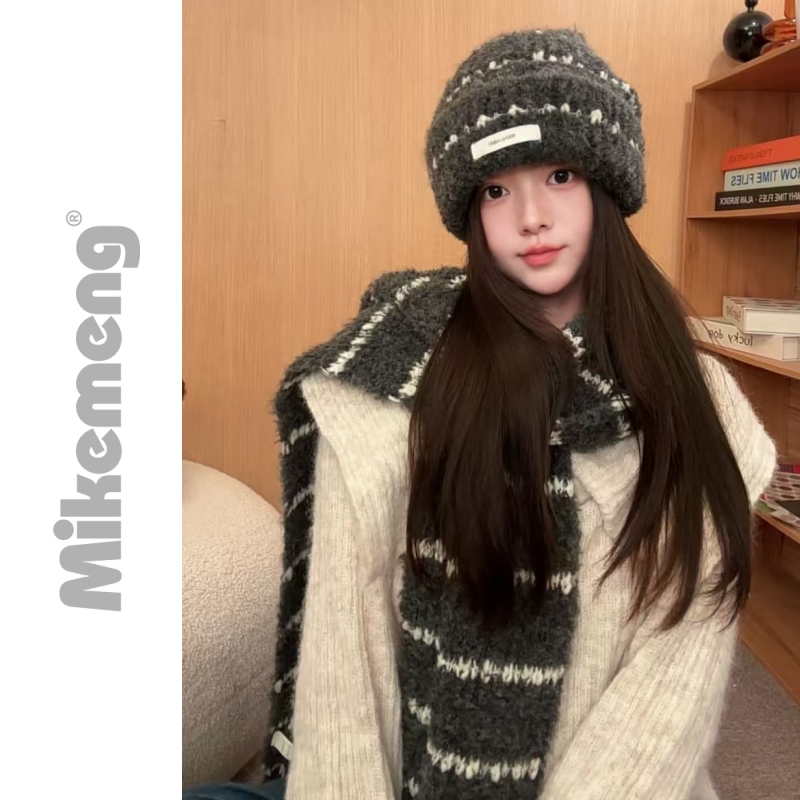 ins条纹冬季帽子围巾女冬季百搭冷帽针织帽25新款爆款洋气显脸小