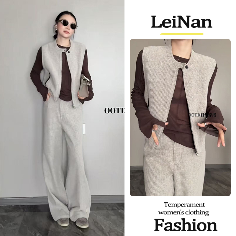 2025韩系氛围感早秋穿搭老钱风气质休闲运动灰色马甲阔腿裤套装女