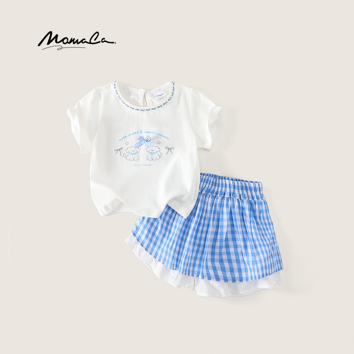 MOMOCO夏季女童可爱印花T恤蝴蝶结夏装格子套装两件套77630235106