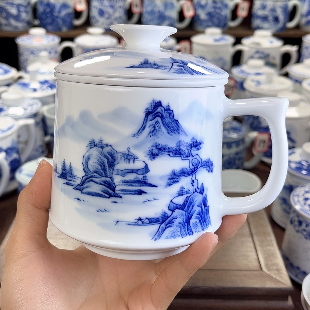坐**天景德镇陶瓷马克杯带盖