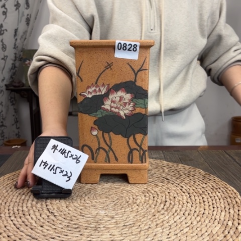 紫砂花盆柴烧手绘签筒0828
