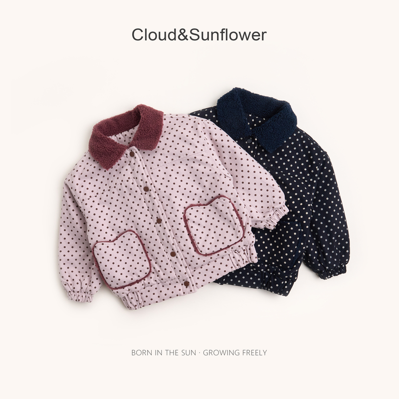 【云朵小葵】女童冬季年款新款毛绒翻领满印波点加厚保暖棉服555426