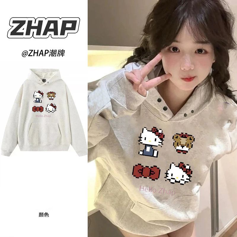 【ZHAP】重磅甜美今日穿搭爆款卡通kitty双纽扣连帽卫衣秋冬款时尚