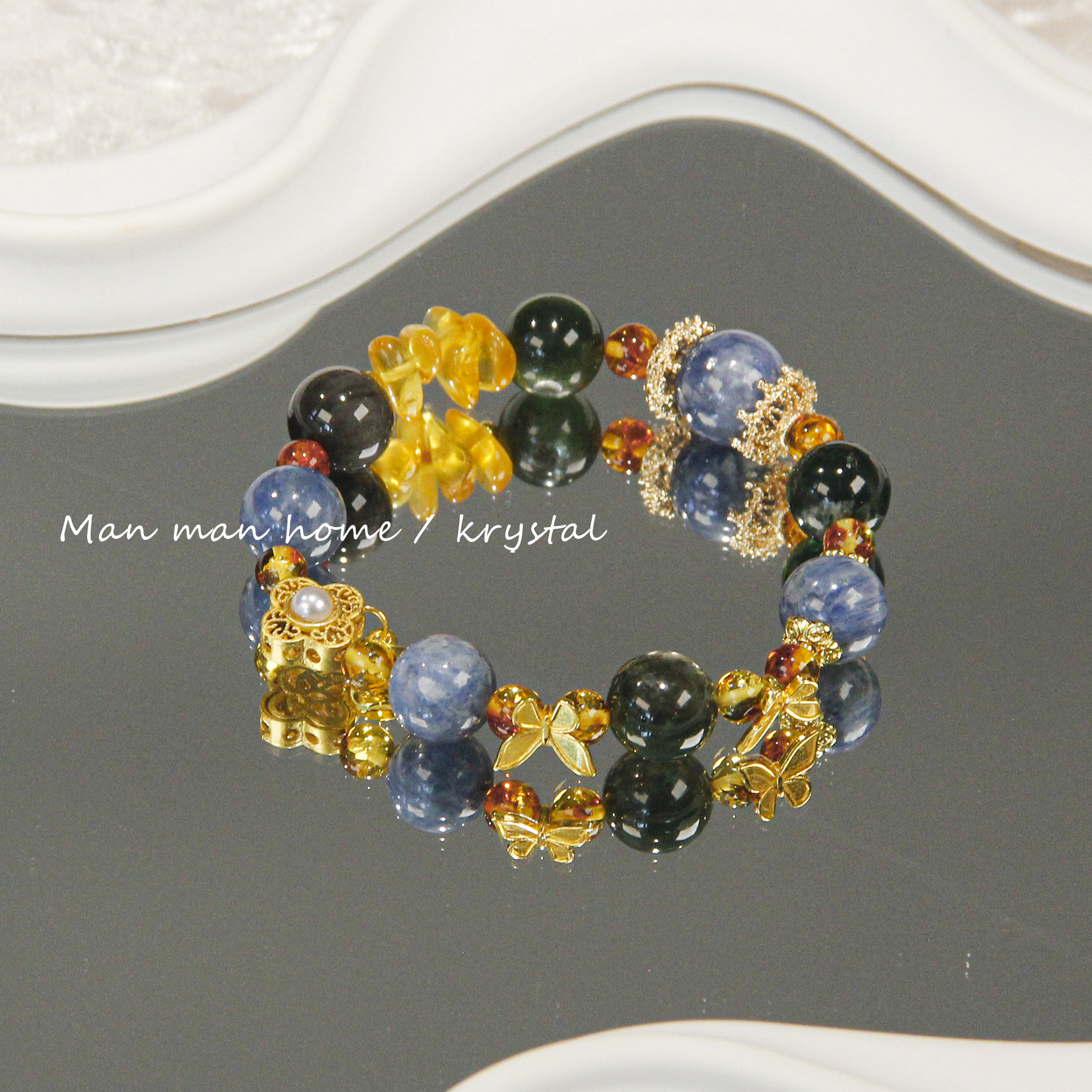 MMJ079【如梦令】暖暖家绿锂云母曜石花珀蜜蜡蓝晶石手串多样性发货