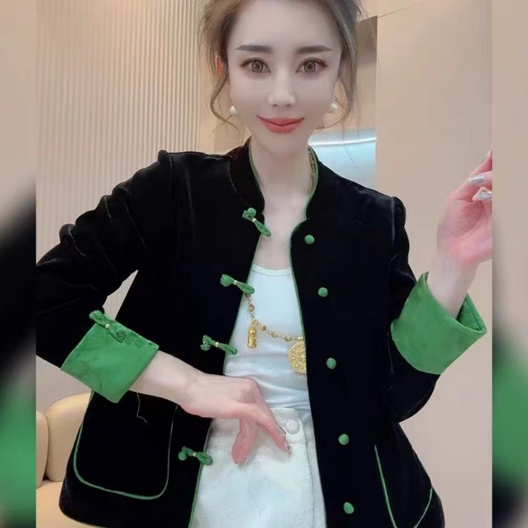 国风丝绒立领常规不起球女短外套气质秋季中式ins