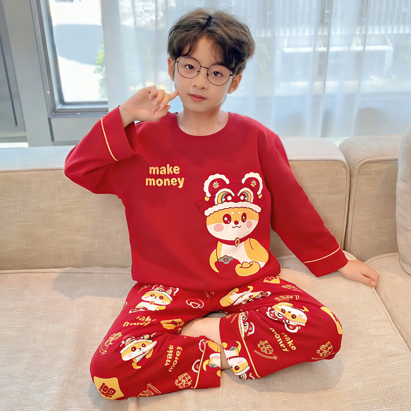 三昌男童睡衣纯棉圆领长袖红色本命年春秋季青少年喜庆家居服套装