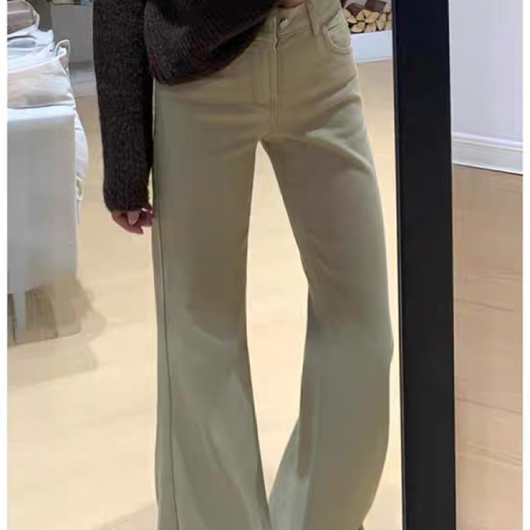 美式vintage卡其色中腰显瘦微喇美拉德不贴腿宽松拖地喇叭裤子