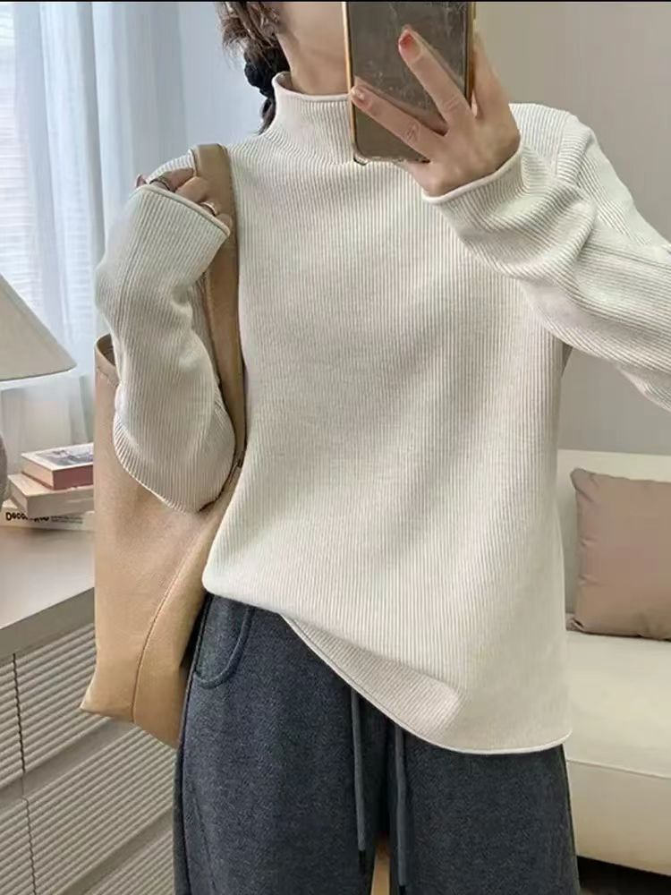 8802-工厂现货新款大码女加厚保暖显瘦百搭卷边小半高领针织毛衣