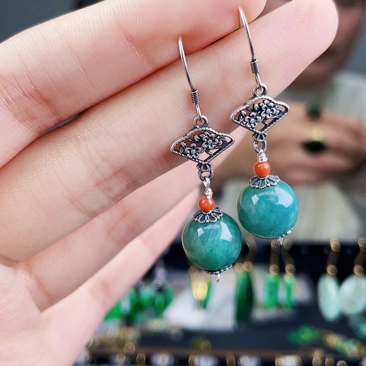 翡翠耳饰银S925镶嵌饰品