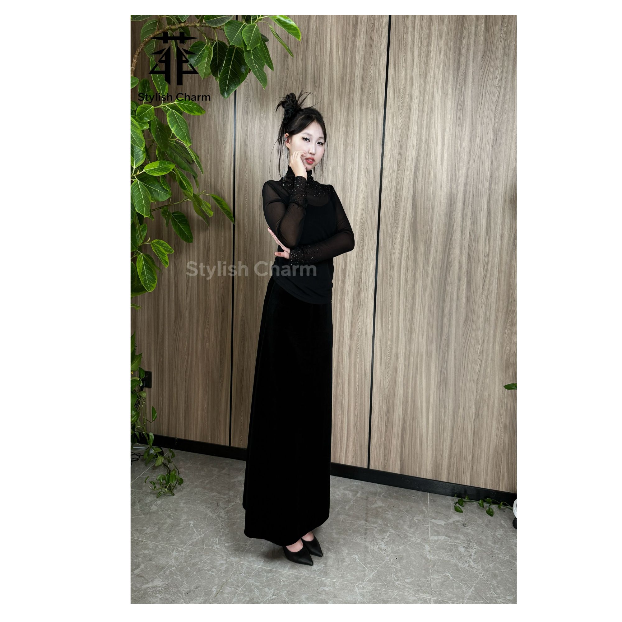 菲StylishCharm2025年高奢时尚亲夫百搭黑钻蕾丝性感长袖打底衫