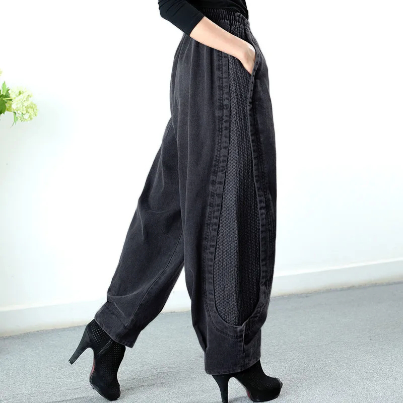 2025秋冬加绒高腰牛仔裤女加绒阔腿哈伦裤宽松复古大码胖mm休闲