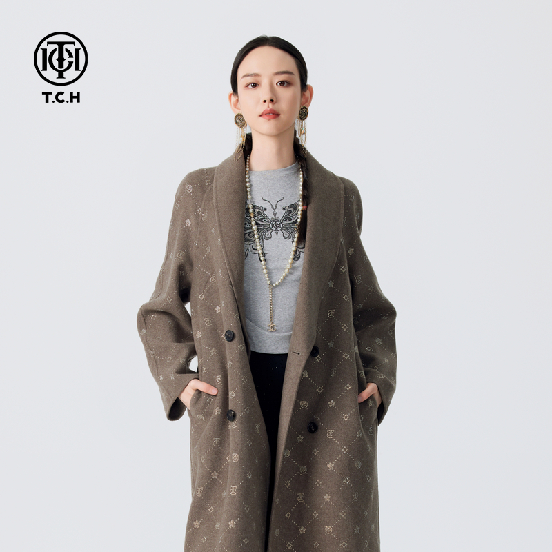 私服-TCH潮牌烫钻LOGO气质百搭山羊绒长款毛呢大衣女T72D286013