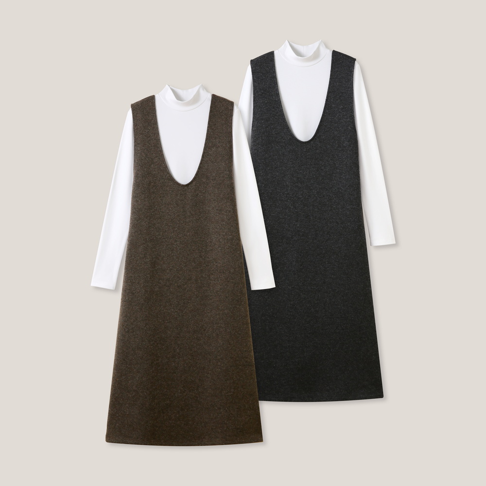 “温柔秘籍”韩系慵懒风中长款U领绵羊毛无袖连衣裙套装ss26426