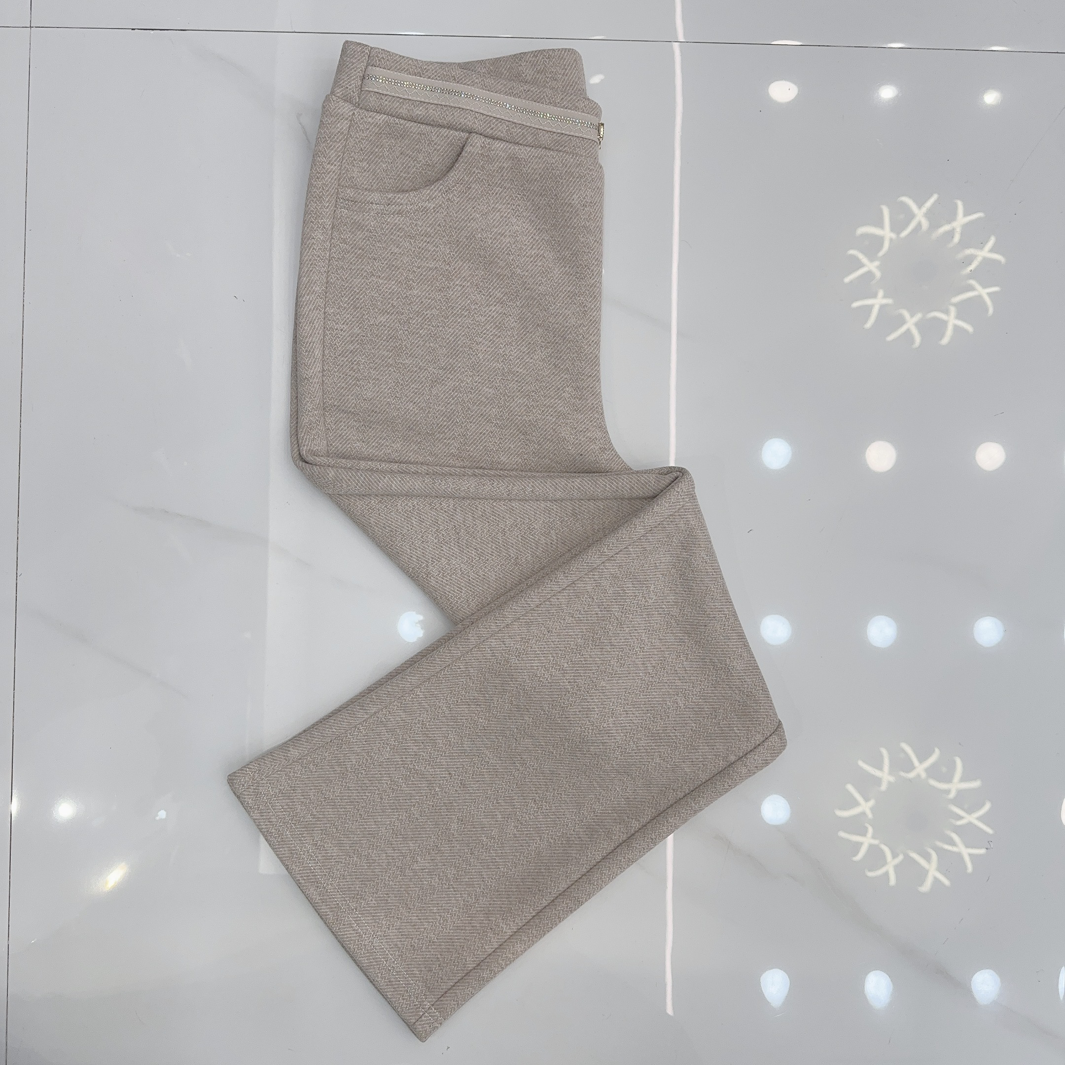 9531冬季新款时尚百搭裤头蝴蝶结毛呢微喇叭裤