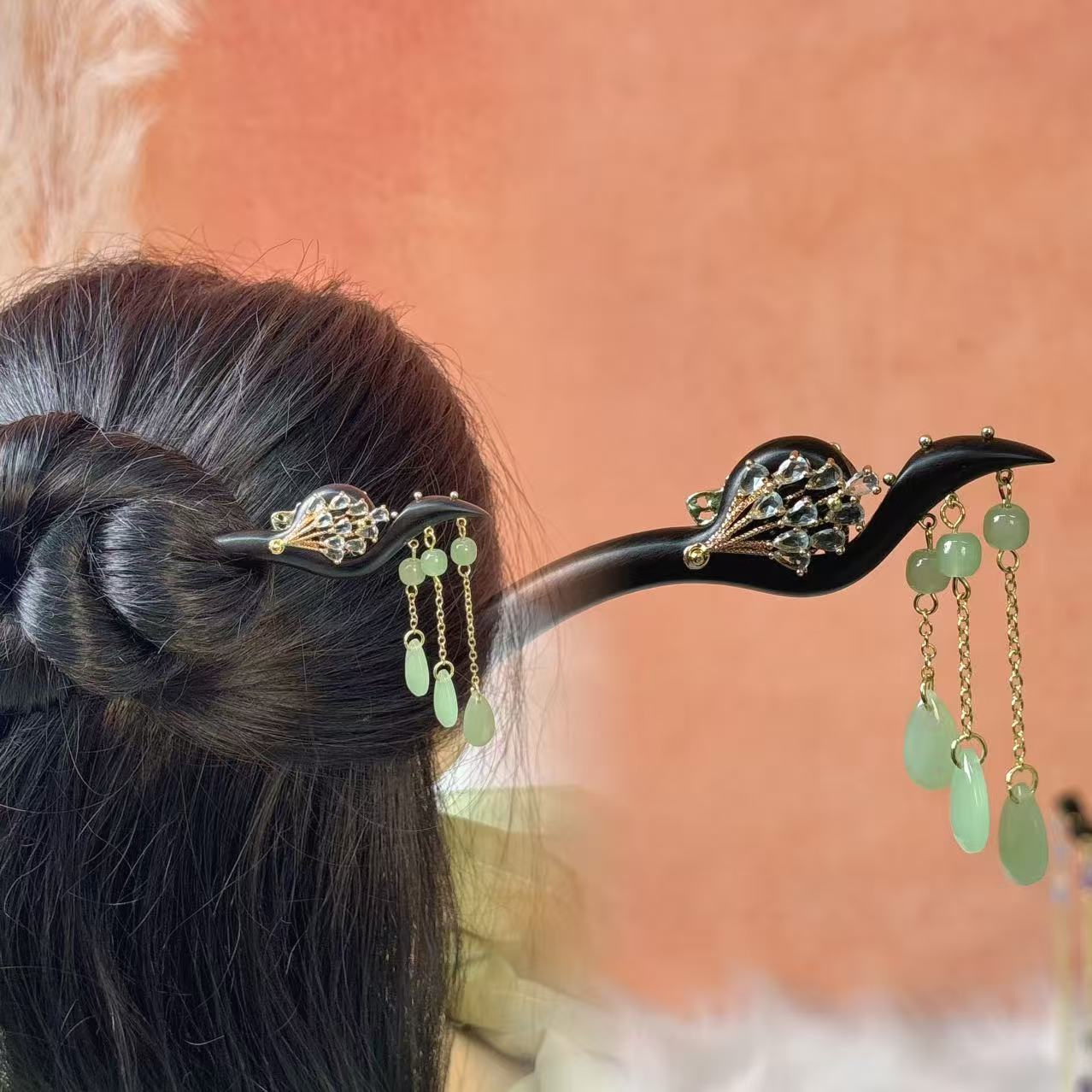 K463绿色蝴蝶流苏原创设计手工款18公分发簪