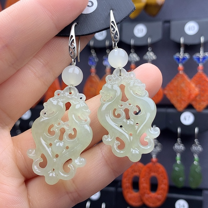 和田玉耳饰银S925镶嵌?***主