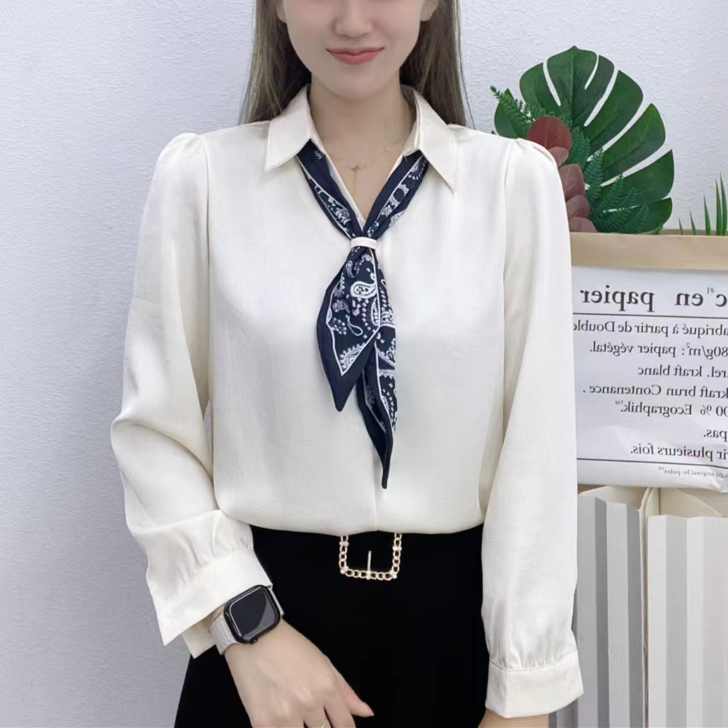 春秋新款长袖衬衫女士缎面百搭纯色V领衬衣气质丝巾设计轻奢风