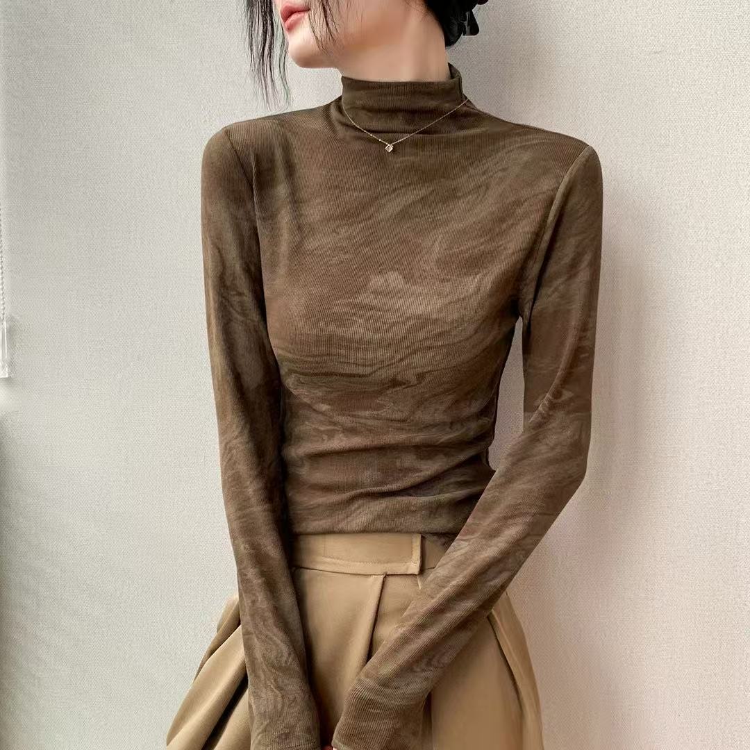 半高领扎染正肩别致外穿长袖T恤女秋季新款修身显瘦西装内搭上衣