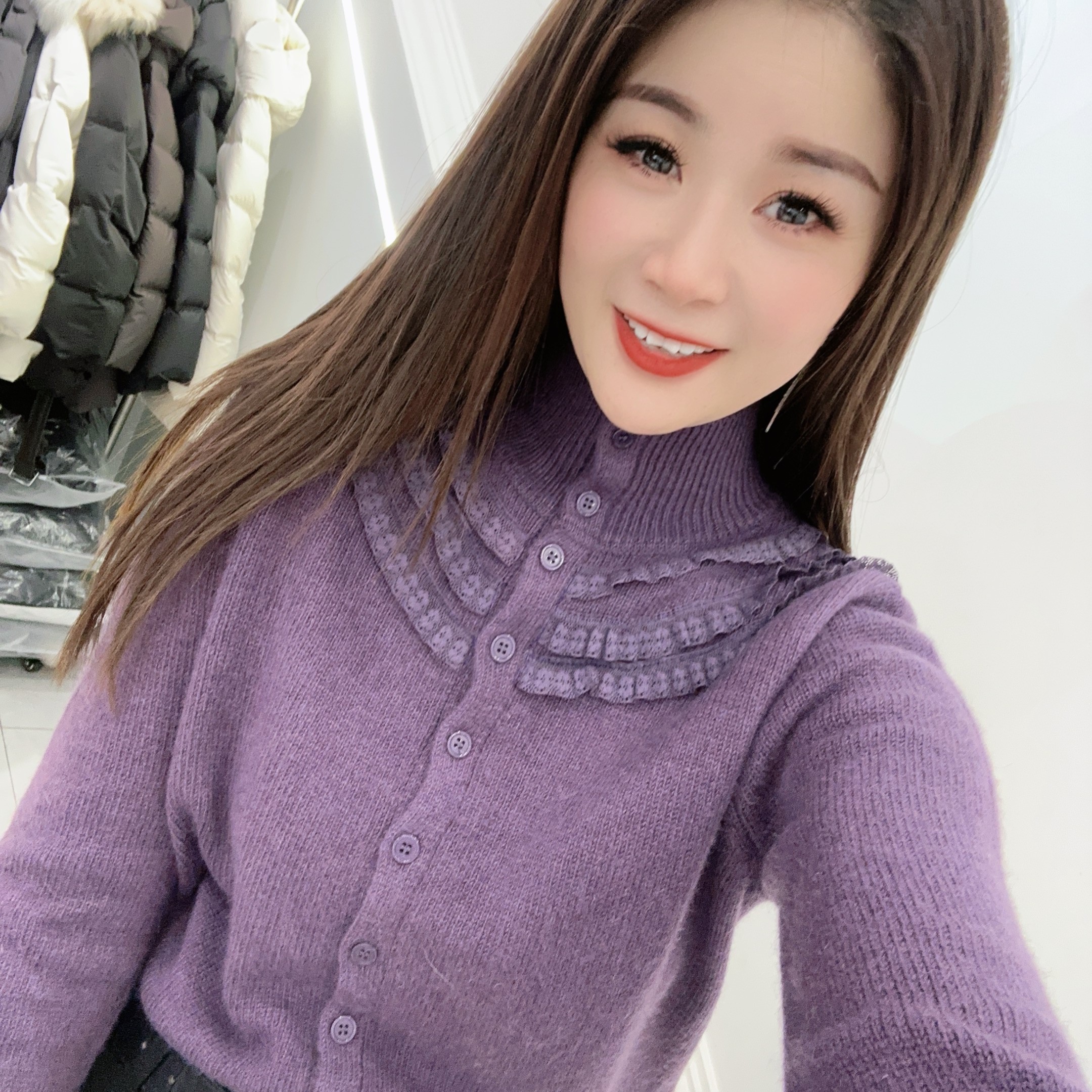 洋气立领荷叶花边毛衣
