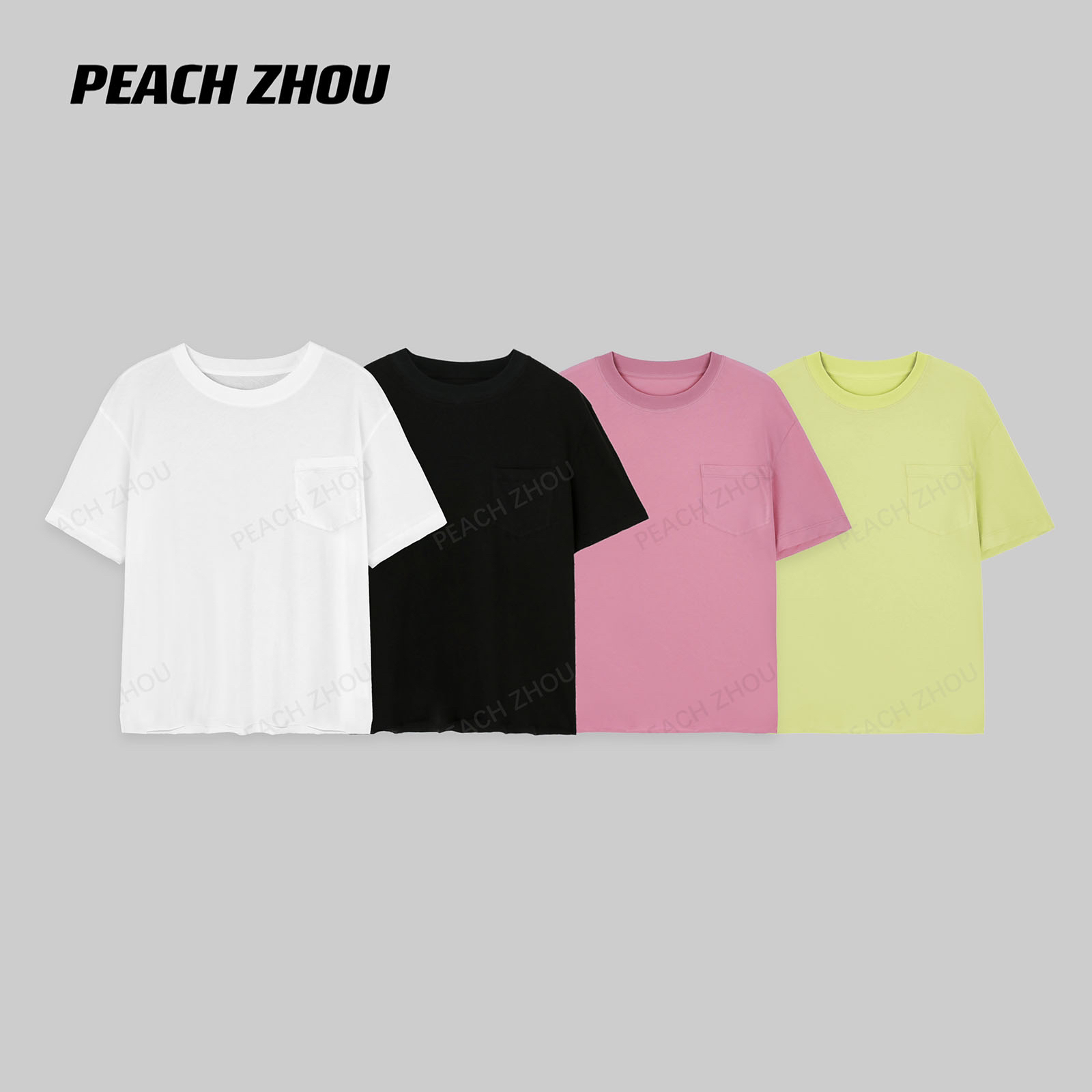 『PEACHZHOU』贴袋基础款纯色宽松圆领打底短袖简约休闲百搭内搭T恤