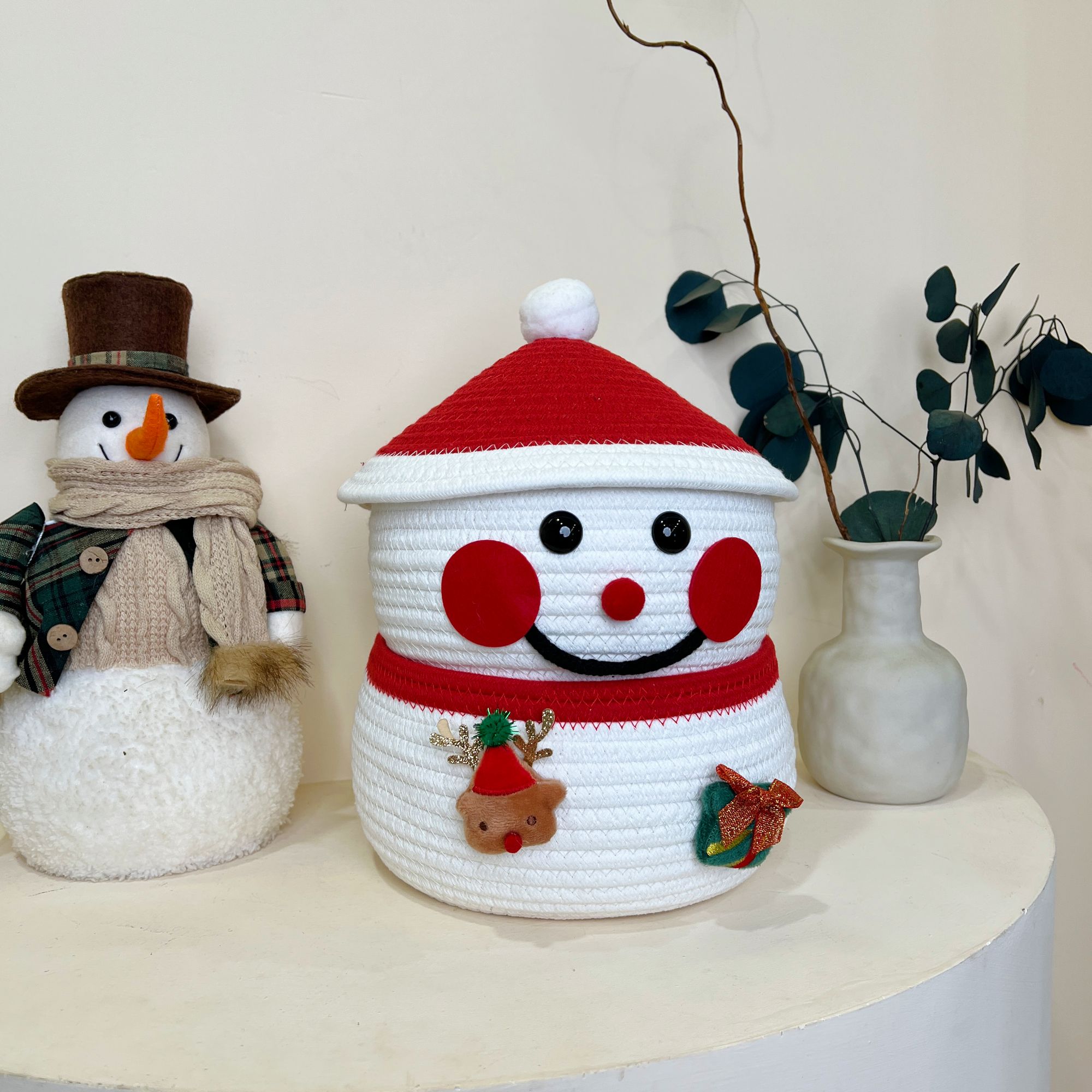  双层雪人圣诞礼物桌面收纳盒客厅棉绳卡通编织收纳筐袜子内裤