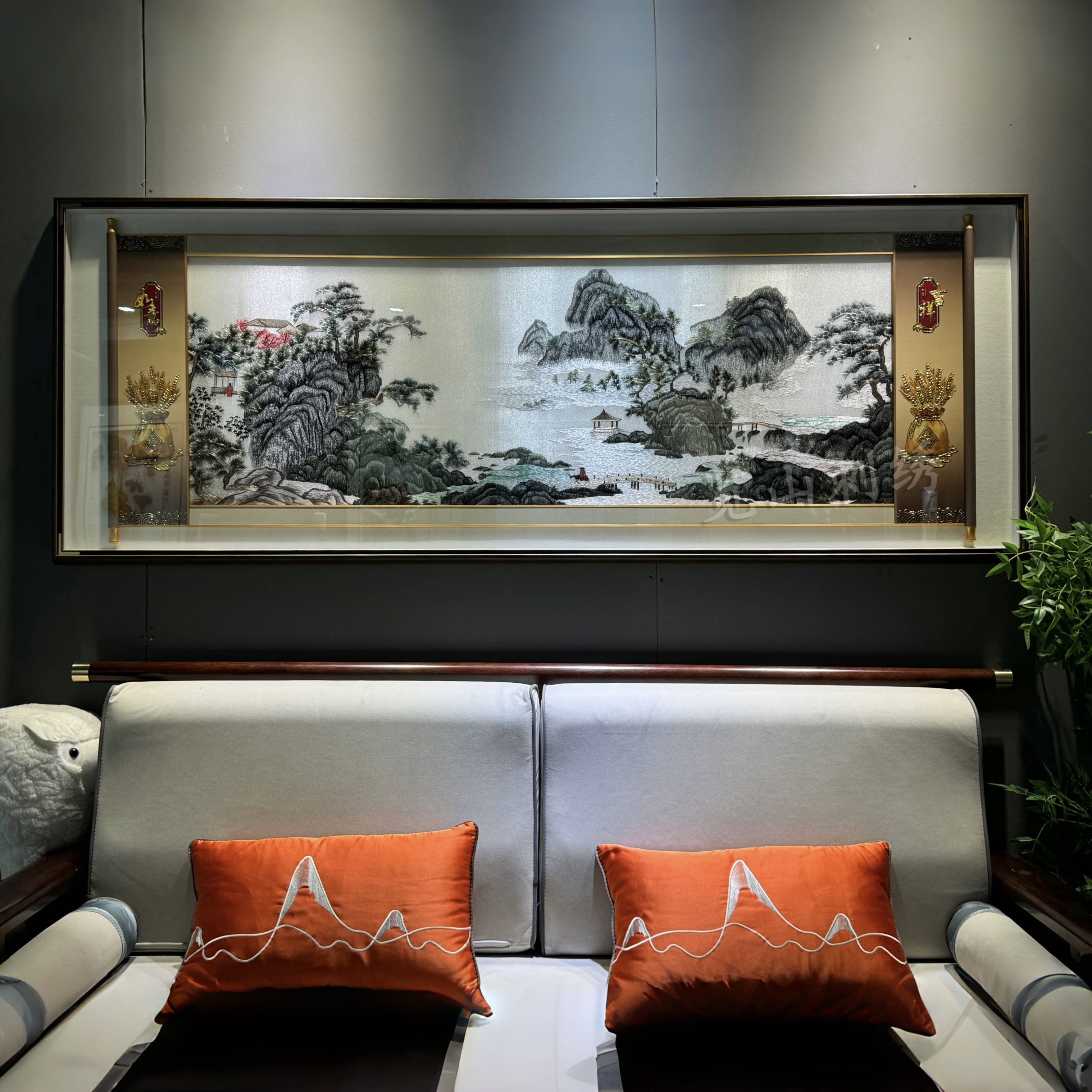 富春山居聚财山水刺绣实木框装饰画客厅壁画餐厅新中式挂画苏绣