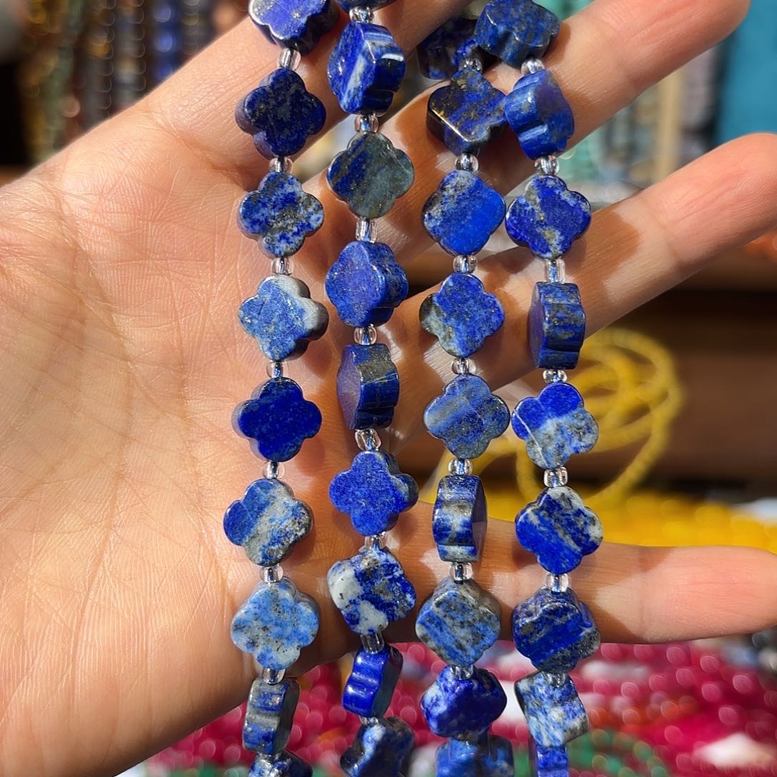 玛瑙/玉髓银S925镀金镶嵌珠宝半成品青金四叶草一条