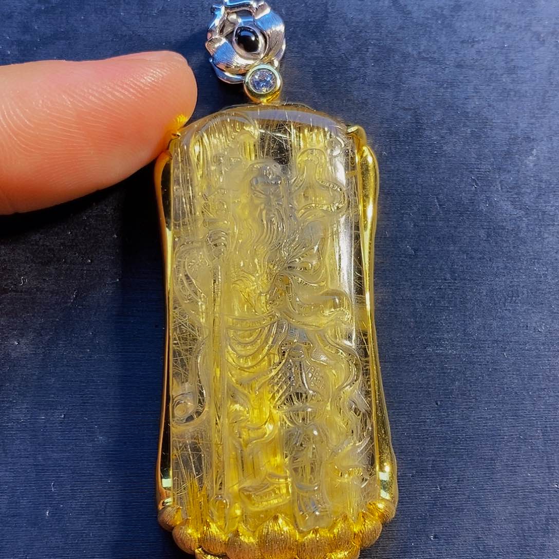 水晶颈饰银S925镶嵌天然钛晶关公吊坠