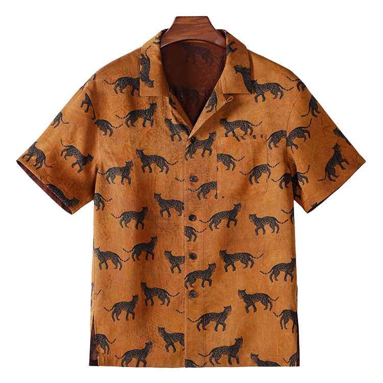 【看山看水】99542红云纱男装桑蚕丝绞罗古巴领衬衫夏季中式短袖