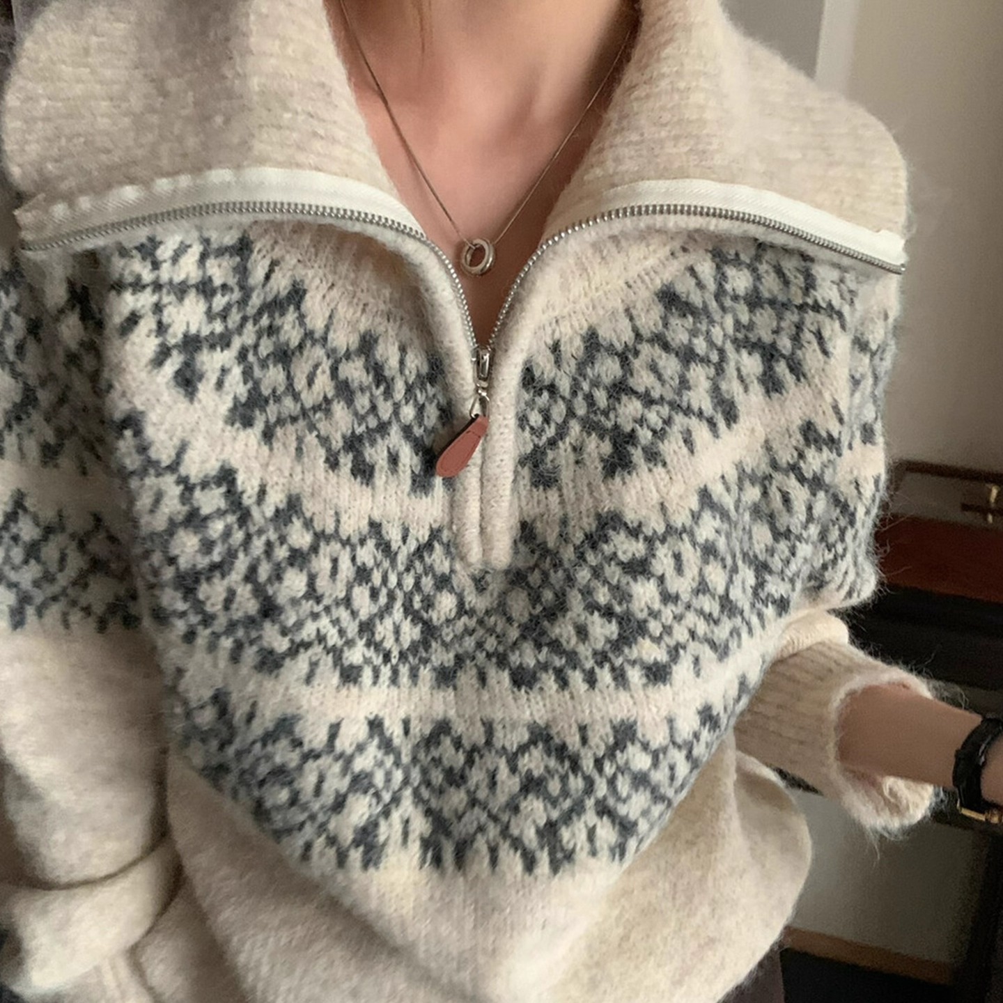 时尚高级感高领毛衣女秋冬老钱风穿搭慵懒宽松拉链翻领针织衫上衣