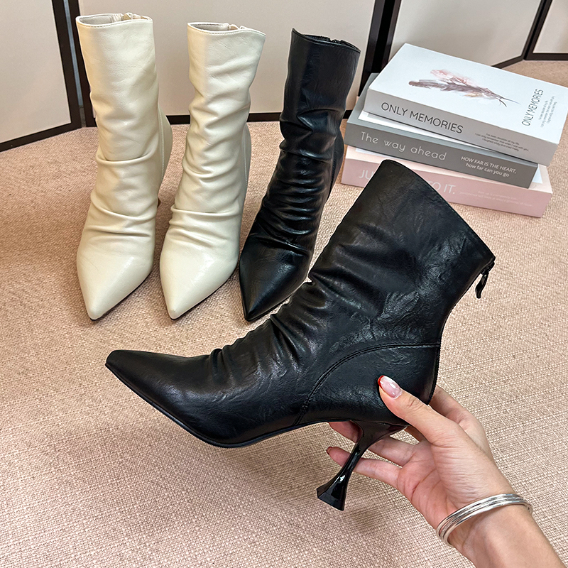 气质法式百搭高跟鞋2025年秋季新款短筒靴尖头褶皱质感高帮高跟鞋