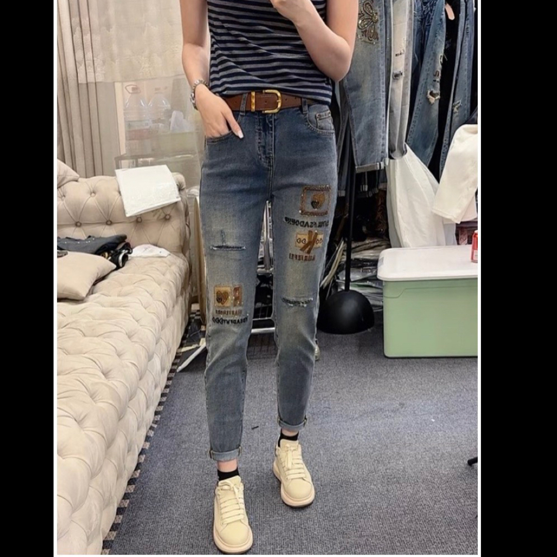 月月家，新款欧货刺绣烫钻高腰显瘦牛仔裤96051
