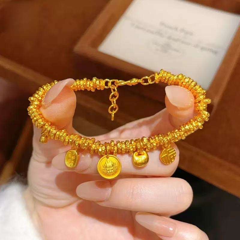 铜合金手链 新中式胖福两世欢黄财神盘缠手链福字金坨坨手串
