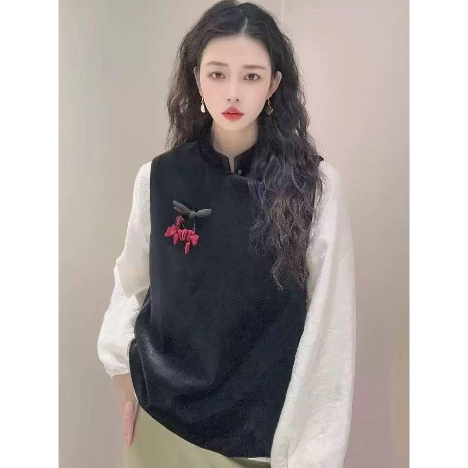 新中式国风丝绒马甲外套女秋季时尚新款宽松显瘦开叉无袖坎肩上衣