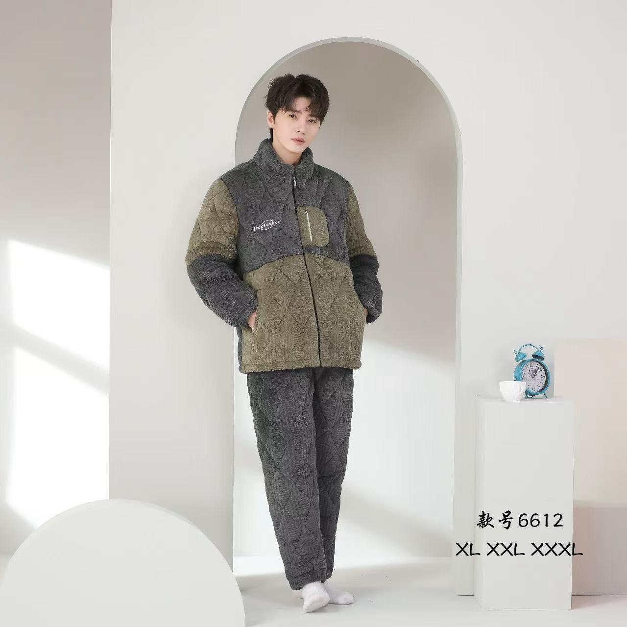 冬天新款男士三层夹棉加绒加厚保暖可外穿睡衣套装