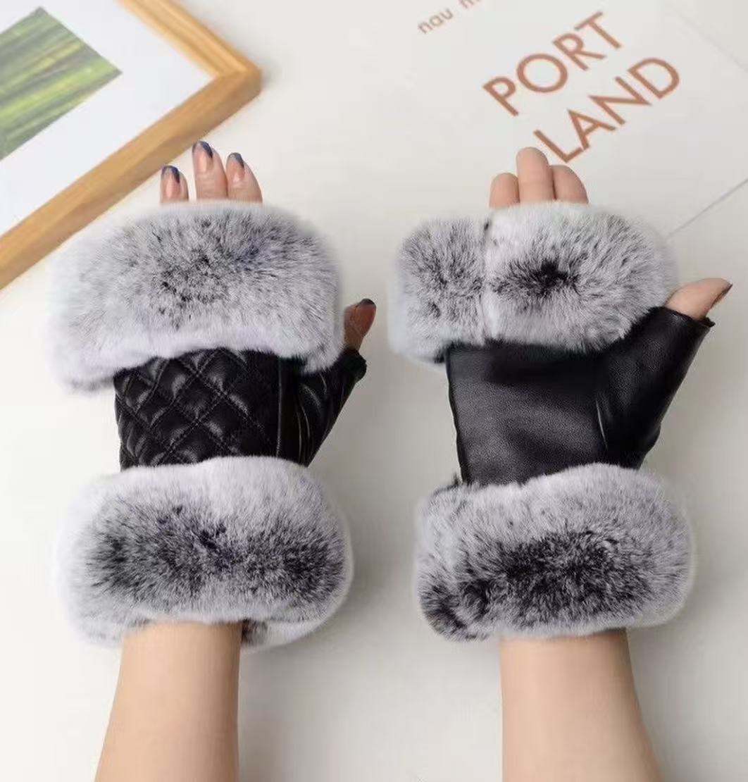 护腕时尚真羊皮手套女士学生写字办公半指手套护手獭兔毛手套暖手