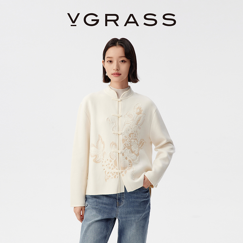 VGRASS绵羊毛提花织面针织衫冬新款中式挂衫设计开衫VZO1P4487A