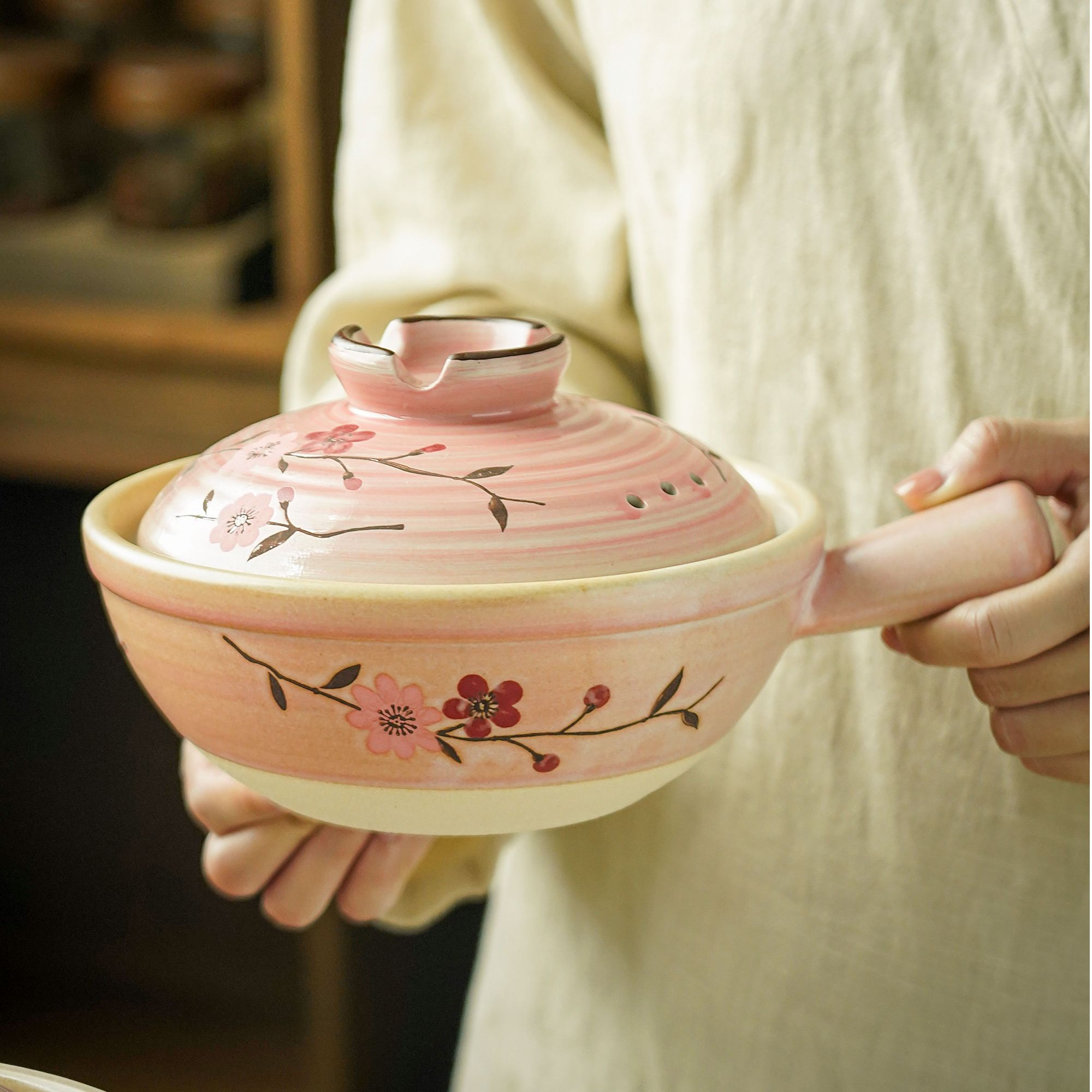 [花信梅花] 单把锅800ml 陶土锅具砂锅类耐热炊具