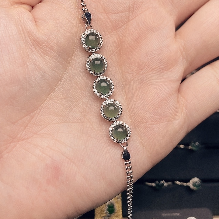 翡翠手链足银镀金镶嵌天蓝色