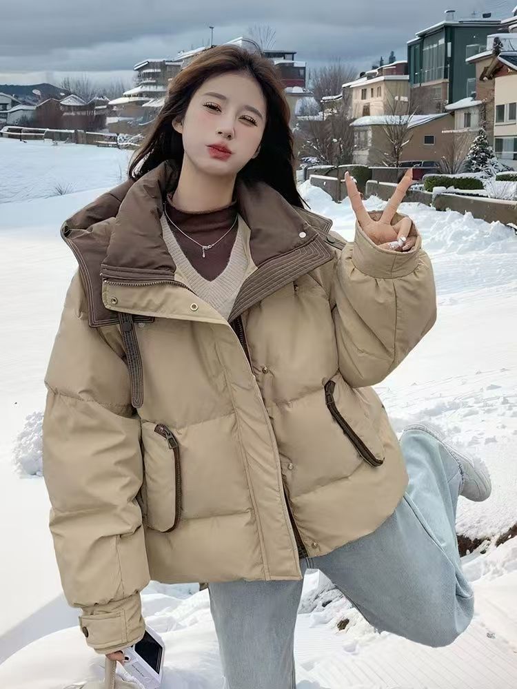 撞色棉服女冬季棉衣2025年新款小个子时尚加厚短款棉袄面包服外套