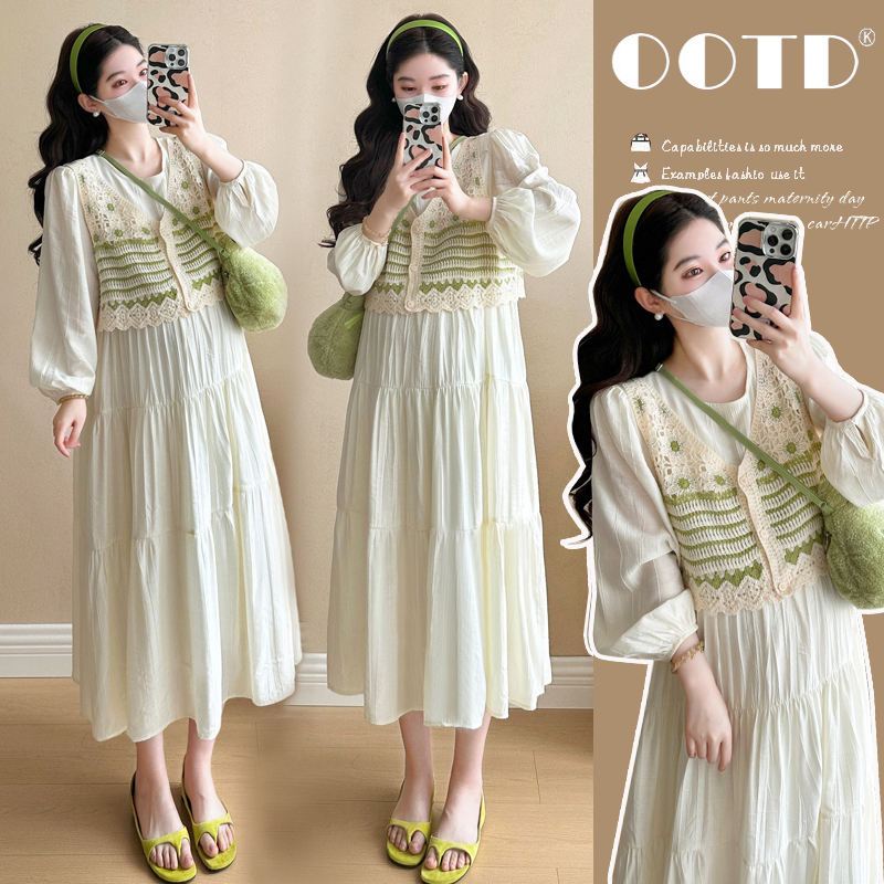 【小富婆孕装】2025春夏新款韩版时尚钩花马甲+显瘦连衣裙减龄套装